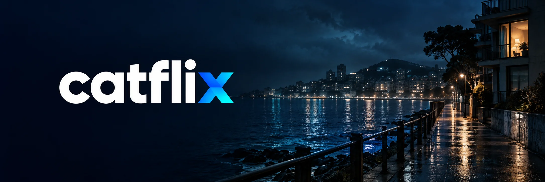 catflix in white with a blue and cyan x over an original nighttime waterfront scene